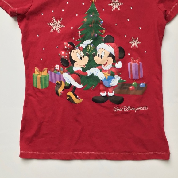 Disney Parks Red Christmas Mickey & Minnie Tee XS - Picture 4 of 10